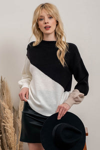 Color Block Bubble Sleeve Knit Sweater