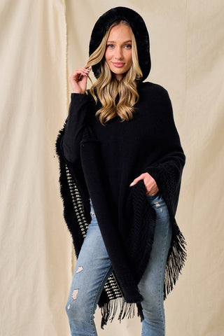 Oversized Faux Fur Knit Sweater Poncho Hooded