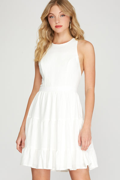 SLEEVELESS WOVEN DRESS WITH CROSSED BACK STRAPS