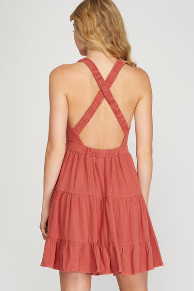 SLEEVELESS WOVEN DRESS WITH CROSSED BACK STRAPS