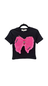 Embellished Pink Denim Ribbon T Shirt