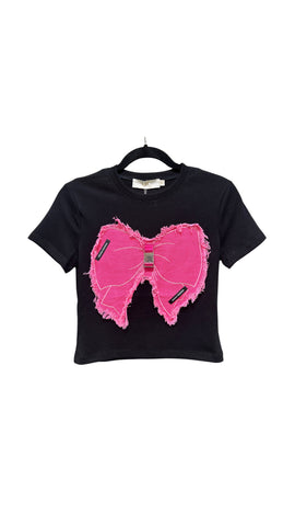 Embellished Pink Denim Ribbon T Shirt