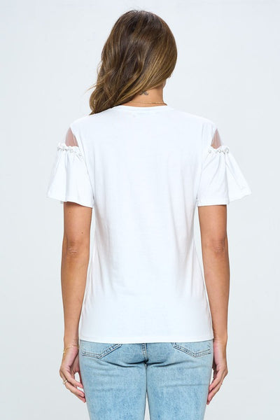 T-Shirt Stretch Manga Olan con Mesh & Perlas