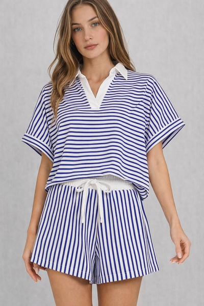 Striped Collared Top & Shorts Set