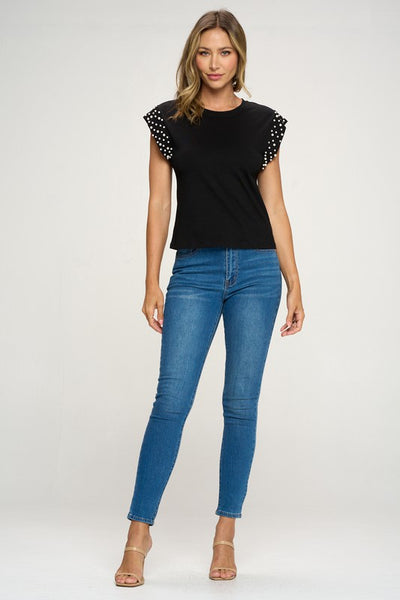 Stretch Cap Sleeve Pearls Top