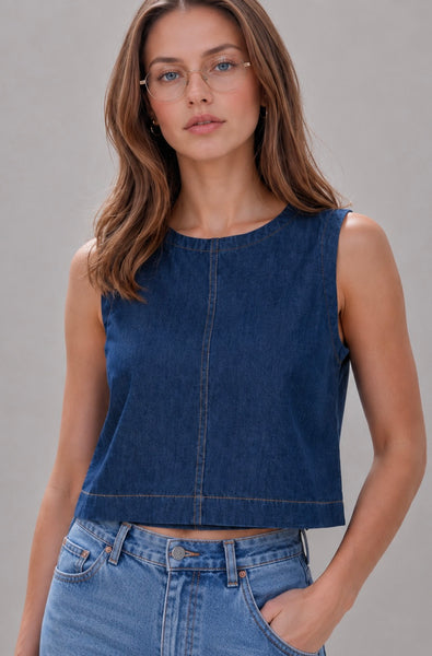 Cotton Denim Top Sin Mangas con Botones en Espalda