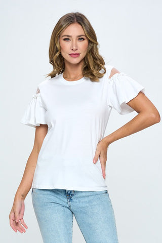 T-Shirt Stretch Manga Olan con Mesh & Perlas