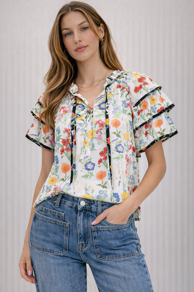 100% Cotton Floral Print Ruffle Sleeve Top