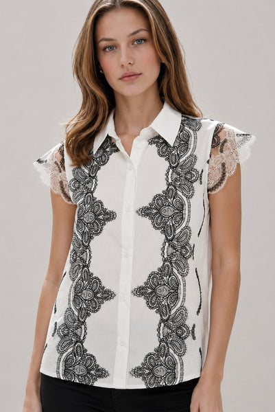 Blusa 100% algodón con Encaje Superpuesto y Manga Flutter