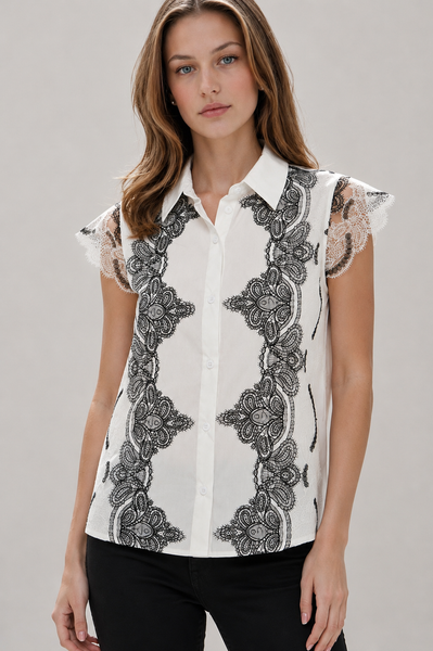 Blusa 100% algodón con Encaje Superpuesto y Manga Flutter
