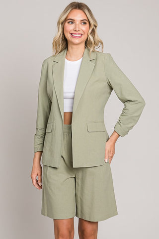 Cotton Ruched Sleeve Blazer