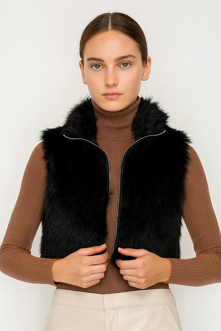 Shaggy Faux Fur Front Zip Crop Vest