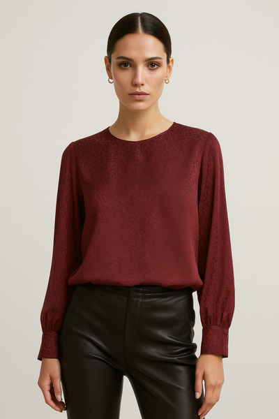 Leopard Jacquard Long Sleeve Blouse