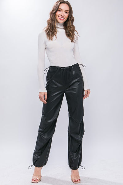 PU Faux Leather Parachute Pants with Adjustable Waist & Ankle