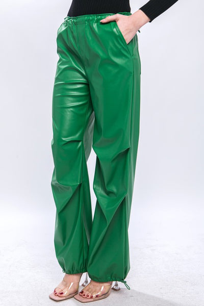 PU  Faux Leather Parachute Pants with Adjustable Waist & Ankle