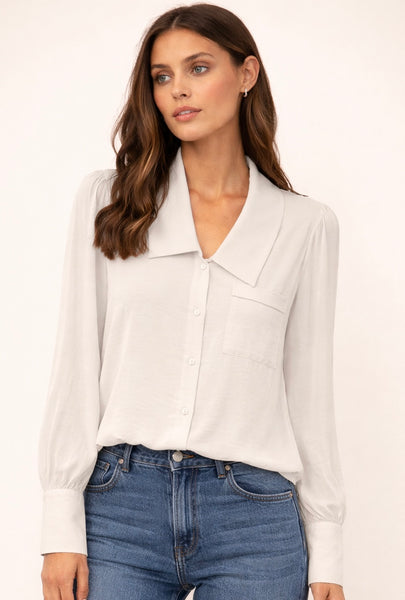Satin Long Sleeve Collar Button Front Blouse