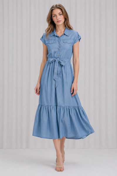 Vestido de Tencel Camisero Manga Corta