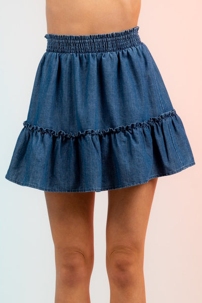 Smocked Waist Denim Ruffle Skirt
