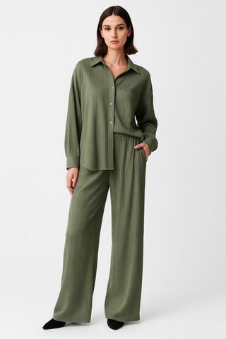Crinkled Plisse Button Down Blouse + Pants Set