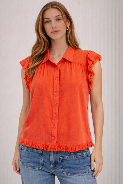 Linen + Cotton Frayed Button Down Blouse