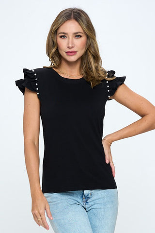 T- Shirt Stretch Con Cap Sleeve y Perlas