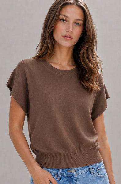 Knit Top Manga Corta Cuello Redondo