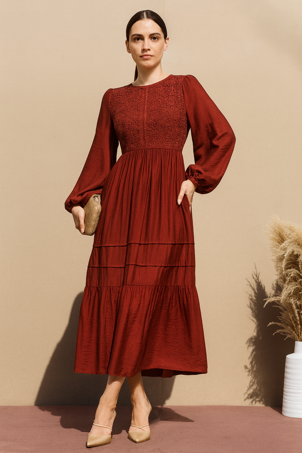 Lace Long Sleeve Midi Dress