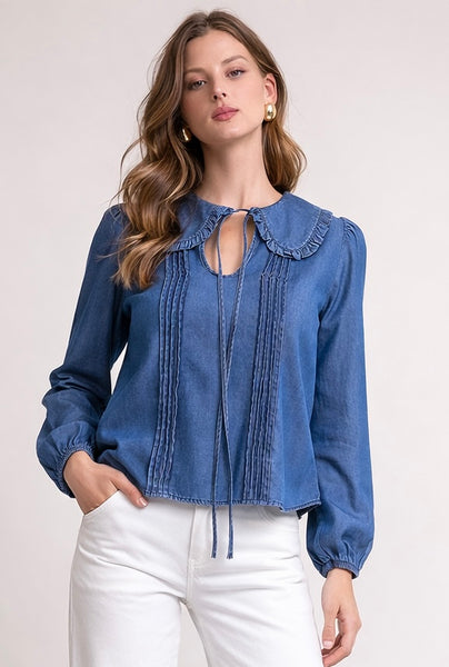 Denim Collared Pintuck Long Sleeve Top