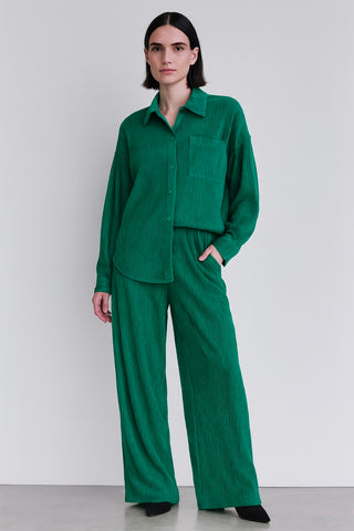 Crinkled Plisse Button Down Blouse + Pants Set