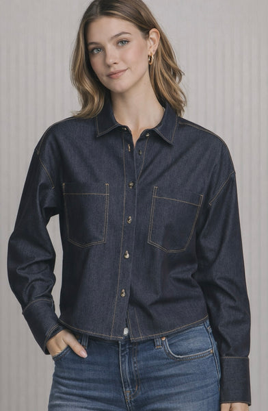 Super Stretch Denim Contrast Topstitched Shirt