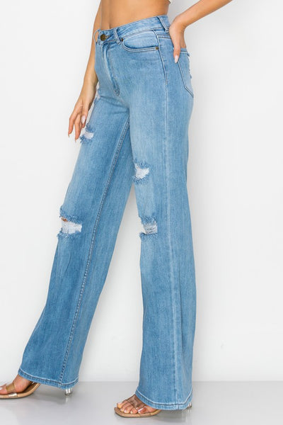 Super Stretch High Rise Wide Leg Distressed Jeans