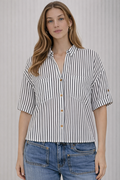 Stripe Short Slv V-neck W/Collar Top