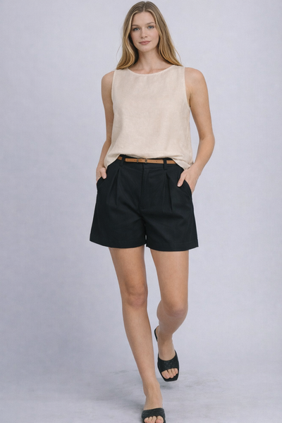 Pleated Linen Shorts W/ Leather Belt