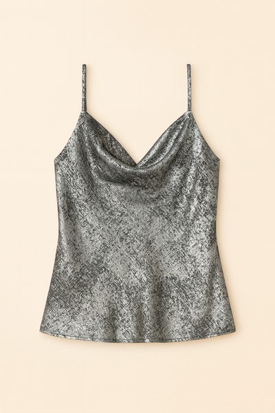 Metallic Shimmer Charmeuse Cowl Neck Cami Top