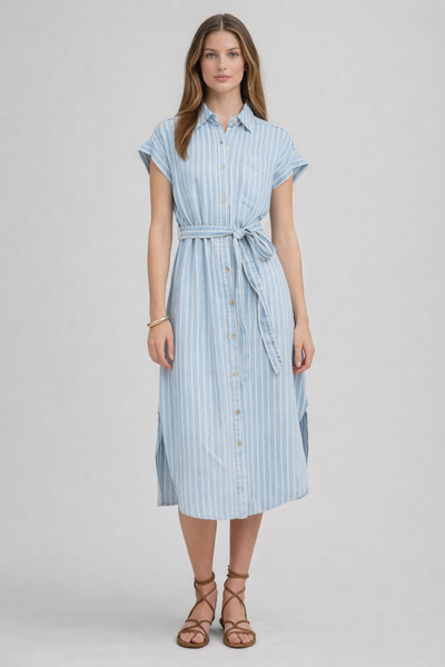 Stripe Chambray Collared Tie Belt Strap Midi Dress