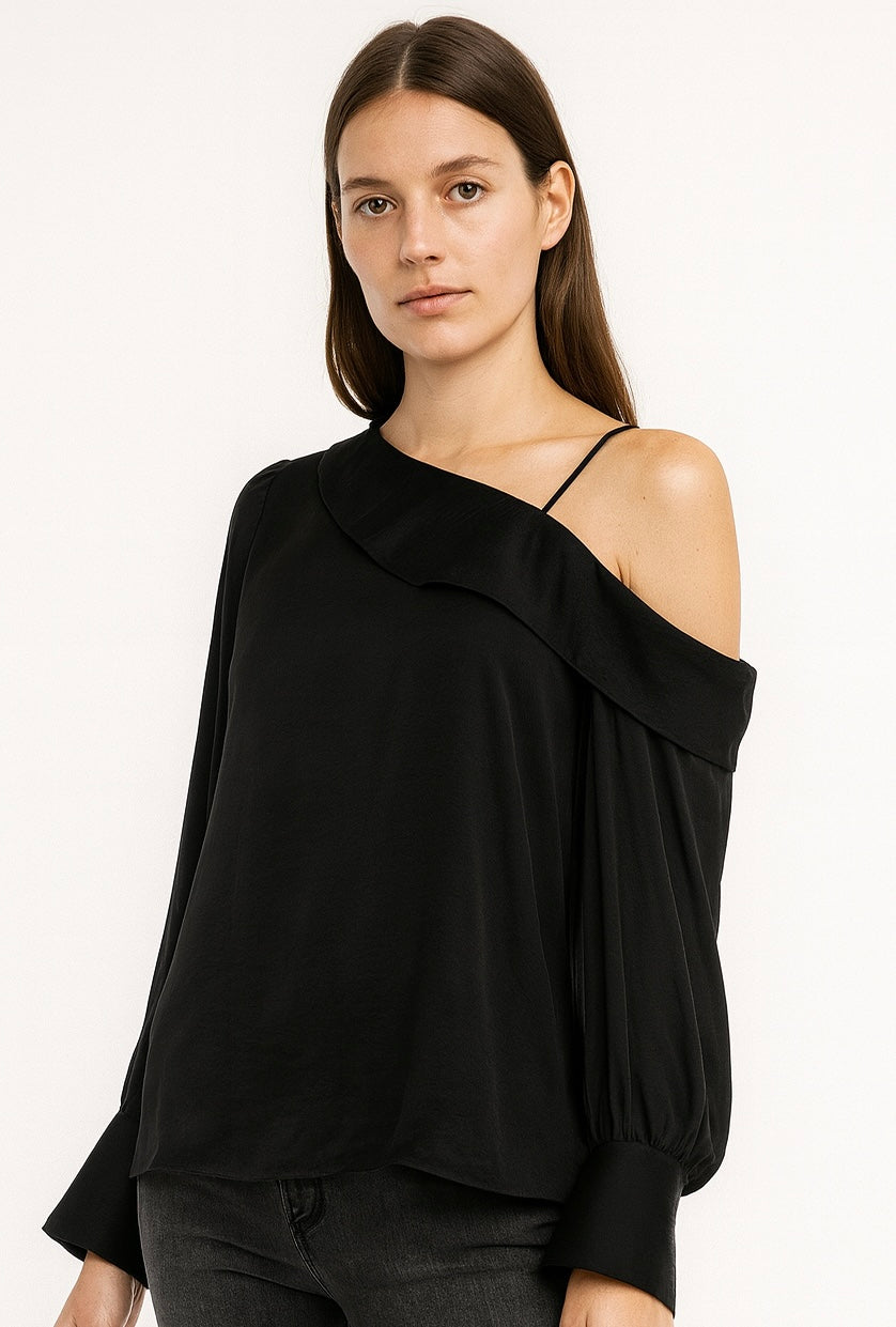 Satin Long Sleeve Asymmetric Shoulder Blouse