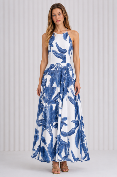 Vestido Maxi Halter Estampado Palmeras