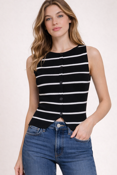 Knit Sleeveless Button Split Stripe Top