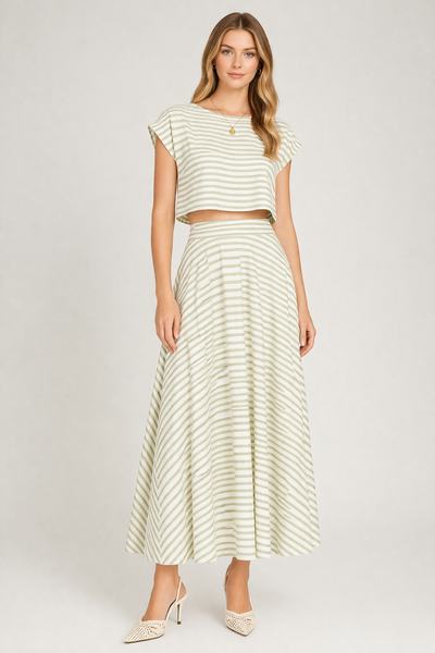 Stripe High Waist Pleated Midi Skirt
