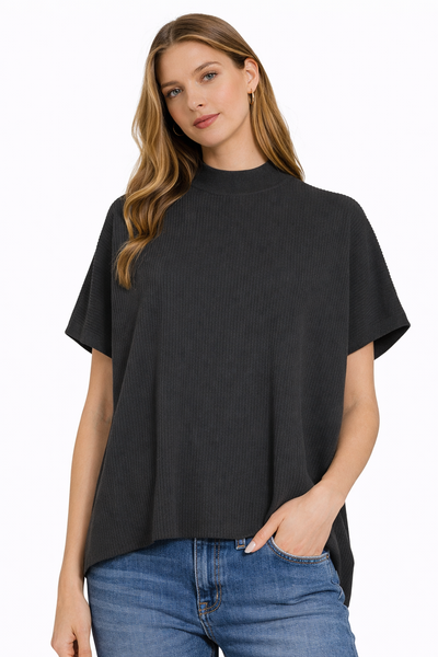 Knit Mock Neck Short Sleeve Boxy Top