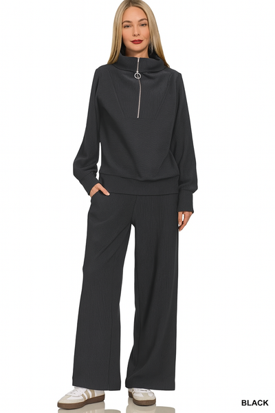 Ribbed High Neck Half Zip Pullover + Pants Set