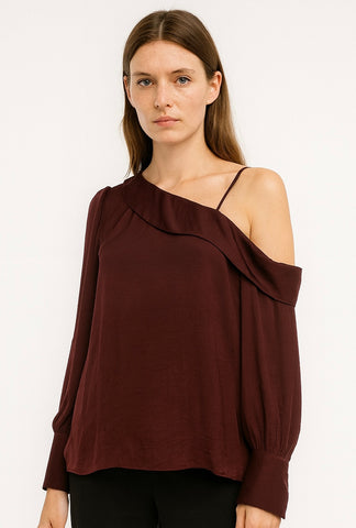 Satin Long Sleeve Asymmetric Shoulder Blouse