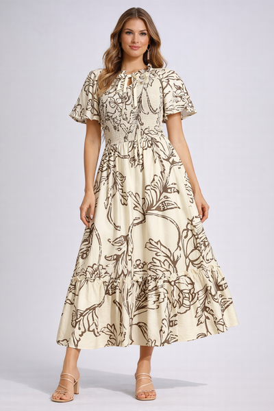 Vines Smocked Top Midi Dress