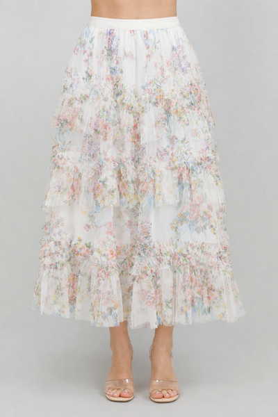 Flower Print Tulle Ruffle Skirt
