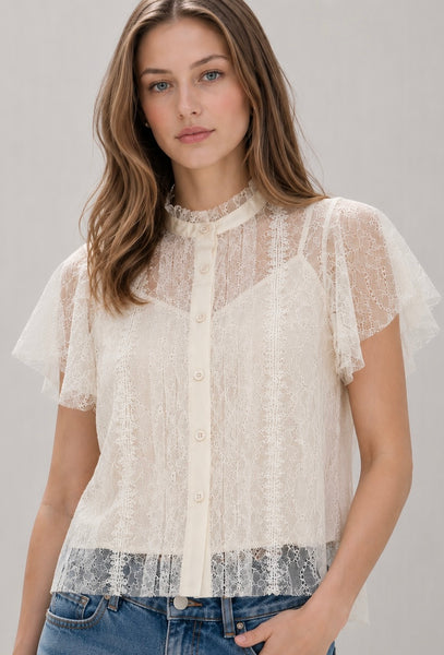 Blusa Cuello Alto Encaje con Botones