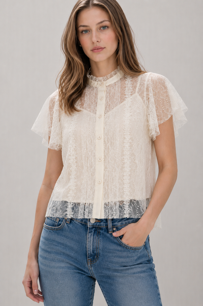 Blusa Cuello Alto Encaje con Botones