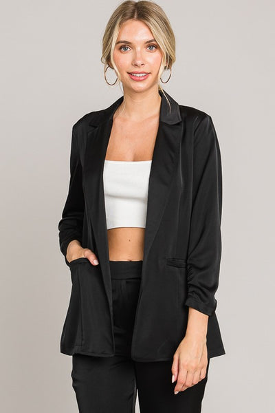 Satin Ruched Cuff Blazer Jacket