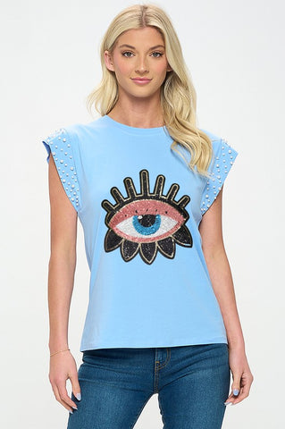 Cap Sleeve Pearls Graphic Top