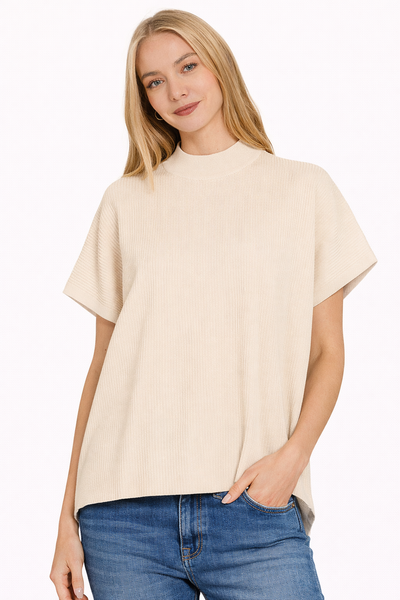 Knit Mock Neck Short Sleeve Boxy Top