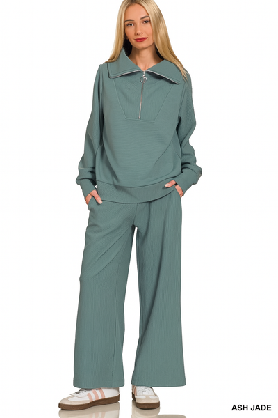 Ribbed High Neck Half Zip Pullover + Pants Set